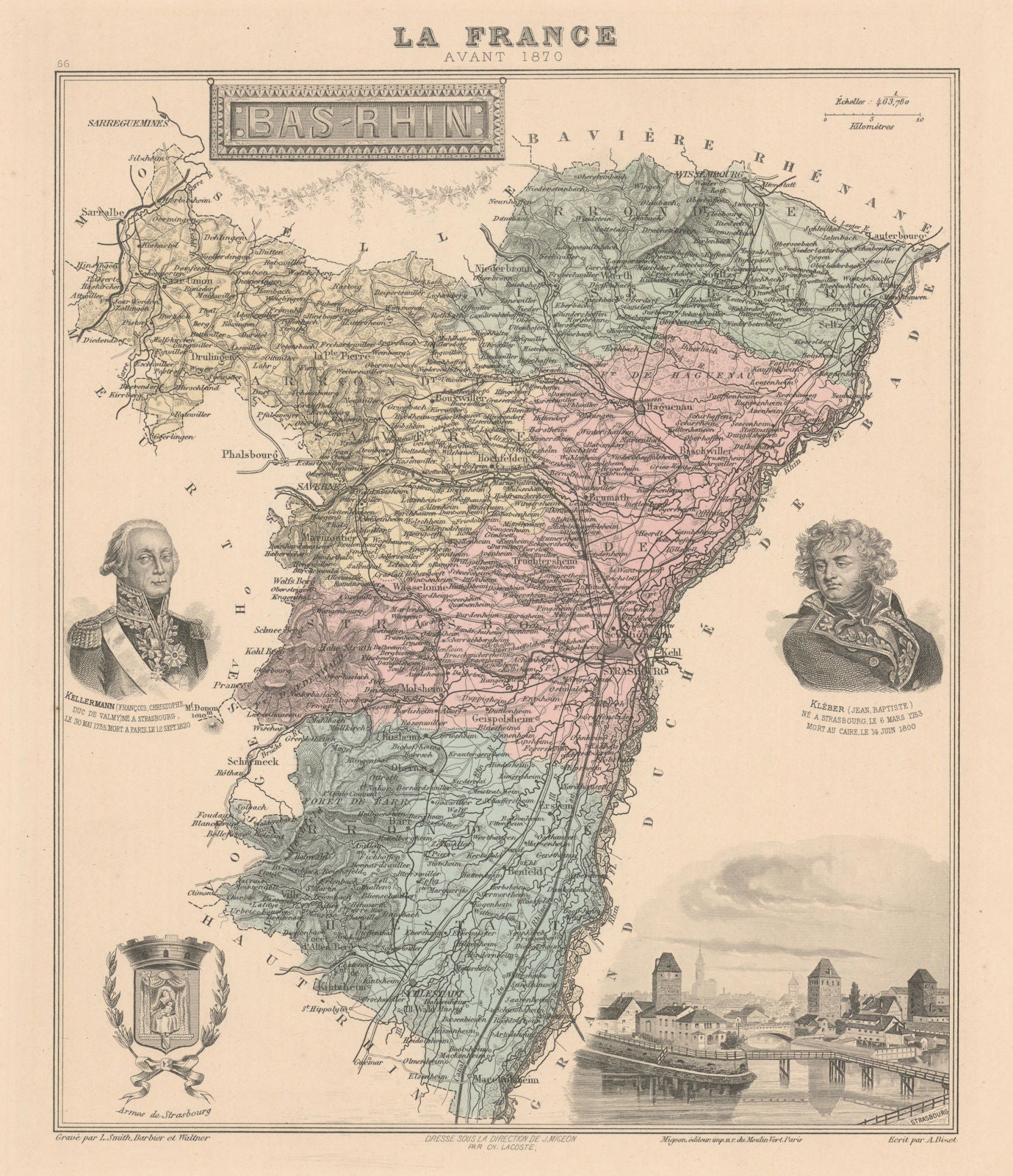 Bas-Rhin département. Strasbourg vignette. Vuillemin 1890 old antique map